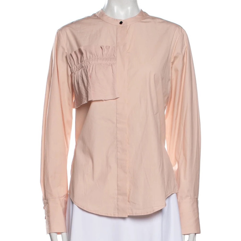 Grey Jason Wu long sleeve ruffle‎ button up shirt collarless peach